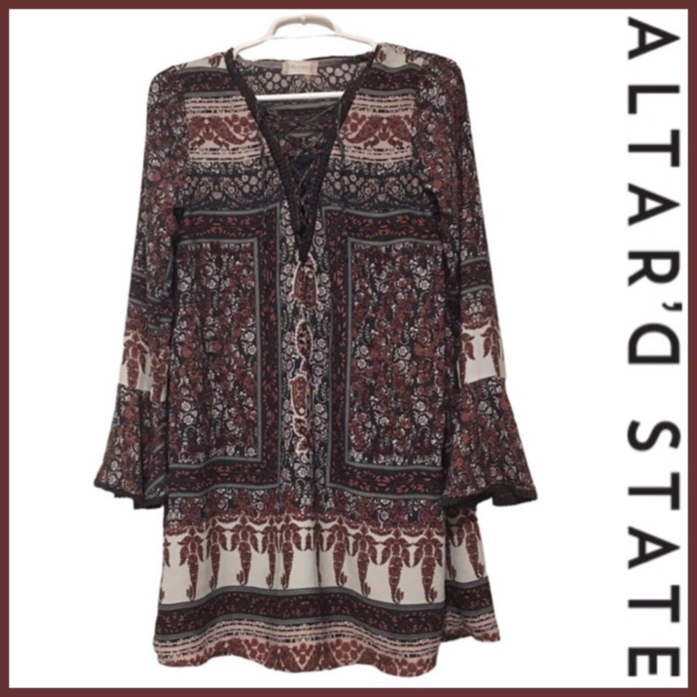 Altard State Long Sleeve Knee Length Dress, Pink White Gray, Bell Sleeve, Small - Picture 2 of 9